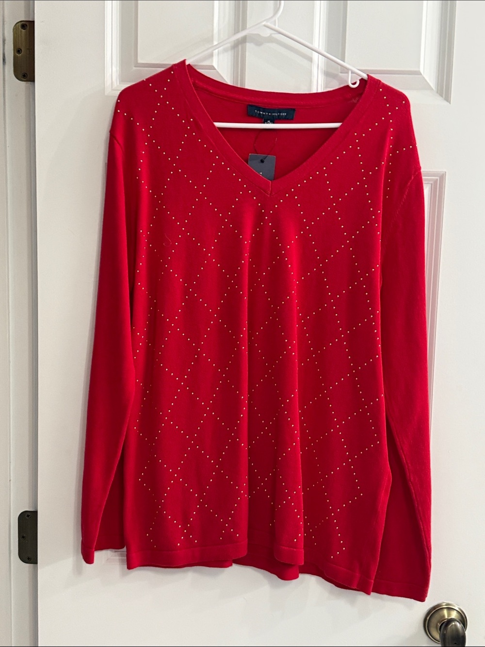 Tommy Hilfiger Red V-Neck Rhinestone Dot Sweater NWT